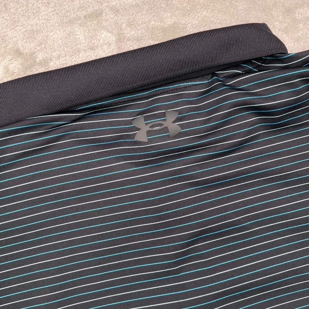 Under Armour Performance Polo Shirt Mens 2XL Black‎ Teal Striped Loose Fit Golf